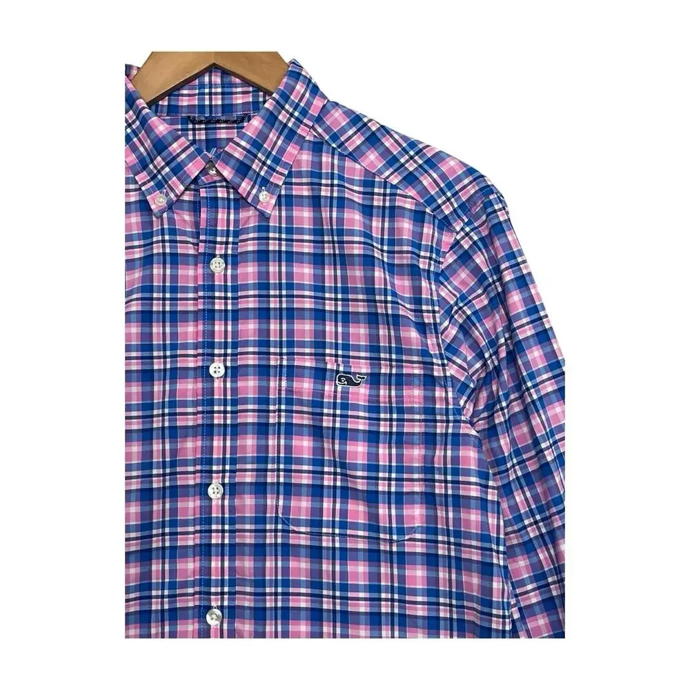 Vineyard Vines Shirt Mens Small Blue Pink On The Go Performance Plaid Preppy